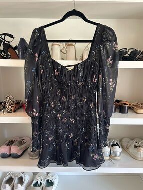 For Love & Lemons Black Floral Smocked Mini Dress with Blue and Pink Blossoms